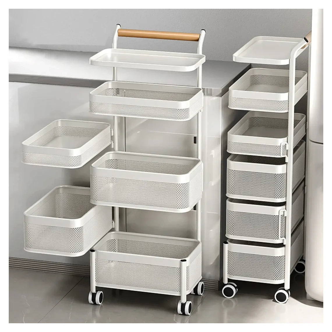 حافظ على مطبخك مرتبًا وأنيقًا مع سلة التخزين المعدنية ذات الخمس طبقات مع عجلات