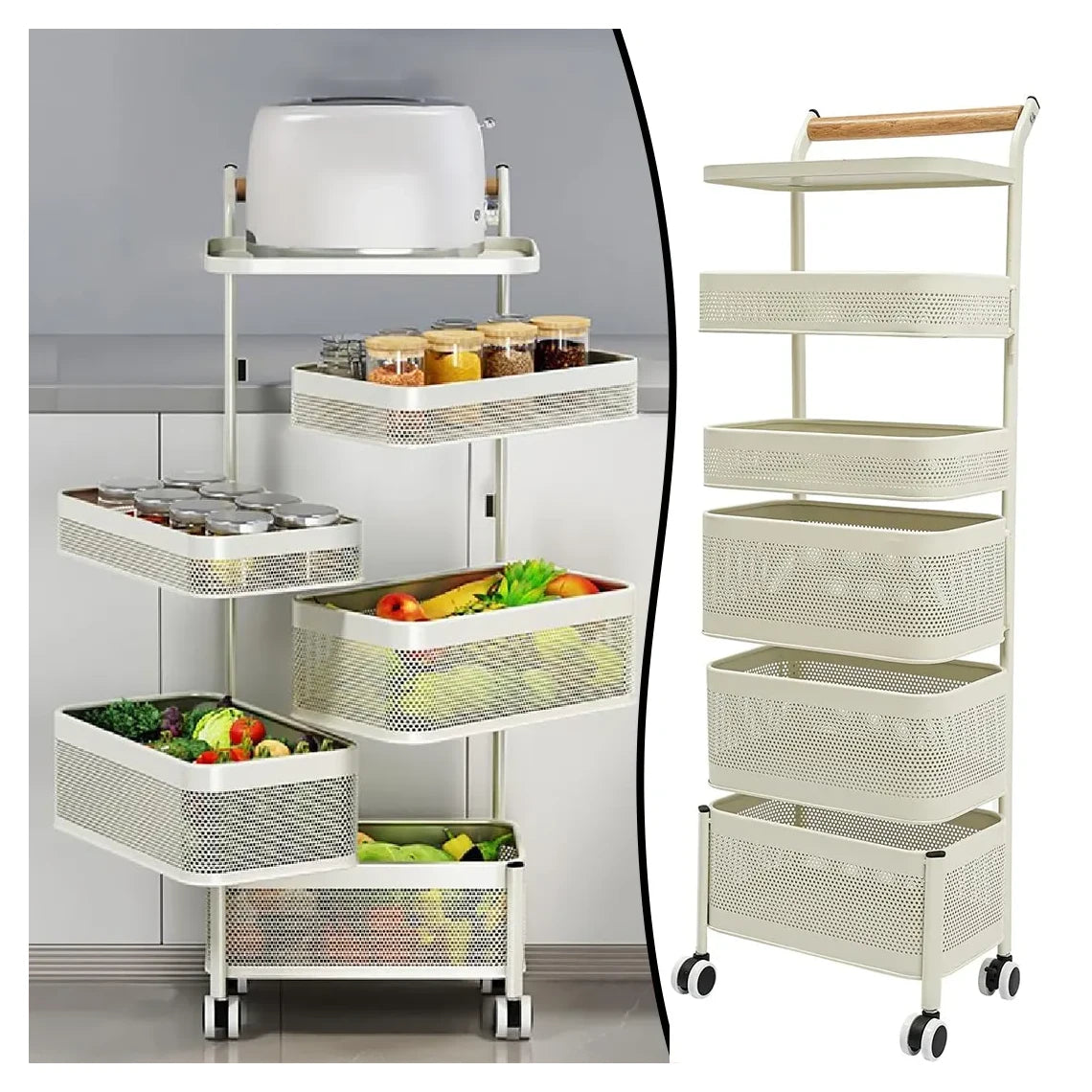 حافظ على مطبخك مرتبًا وأنيقًا مع سلة التخزين المعدنية ذات الخمس طبقات مع عجلات