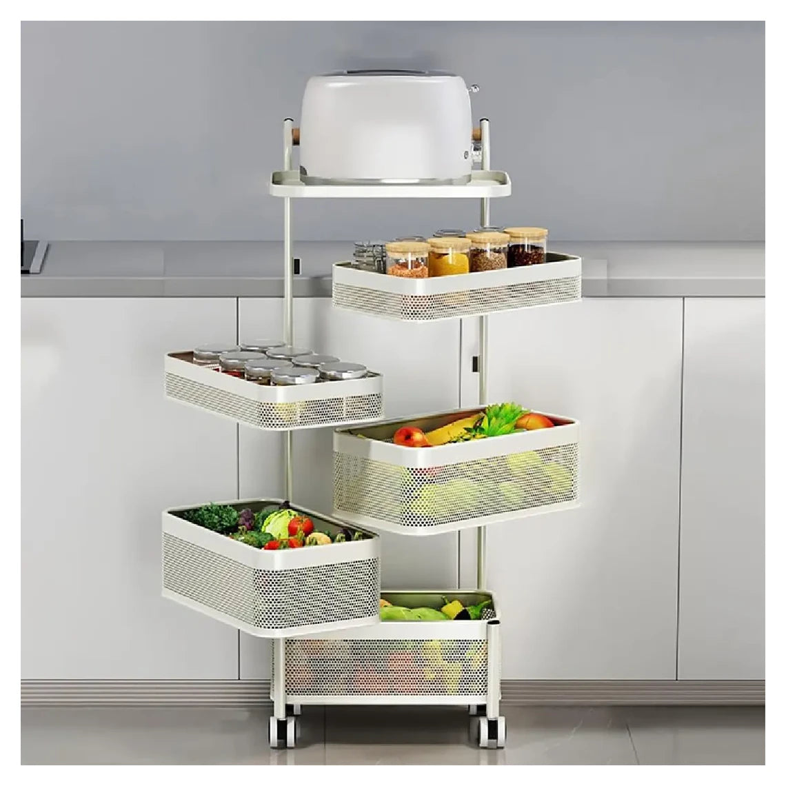 حافظ على مطبخك مرتبًا وأنيقًا مع سلة التخزين المعدنية ذات الخمس طبقات مع عجلات