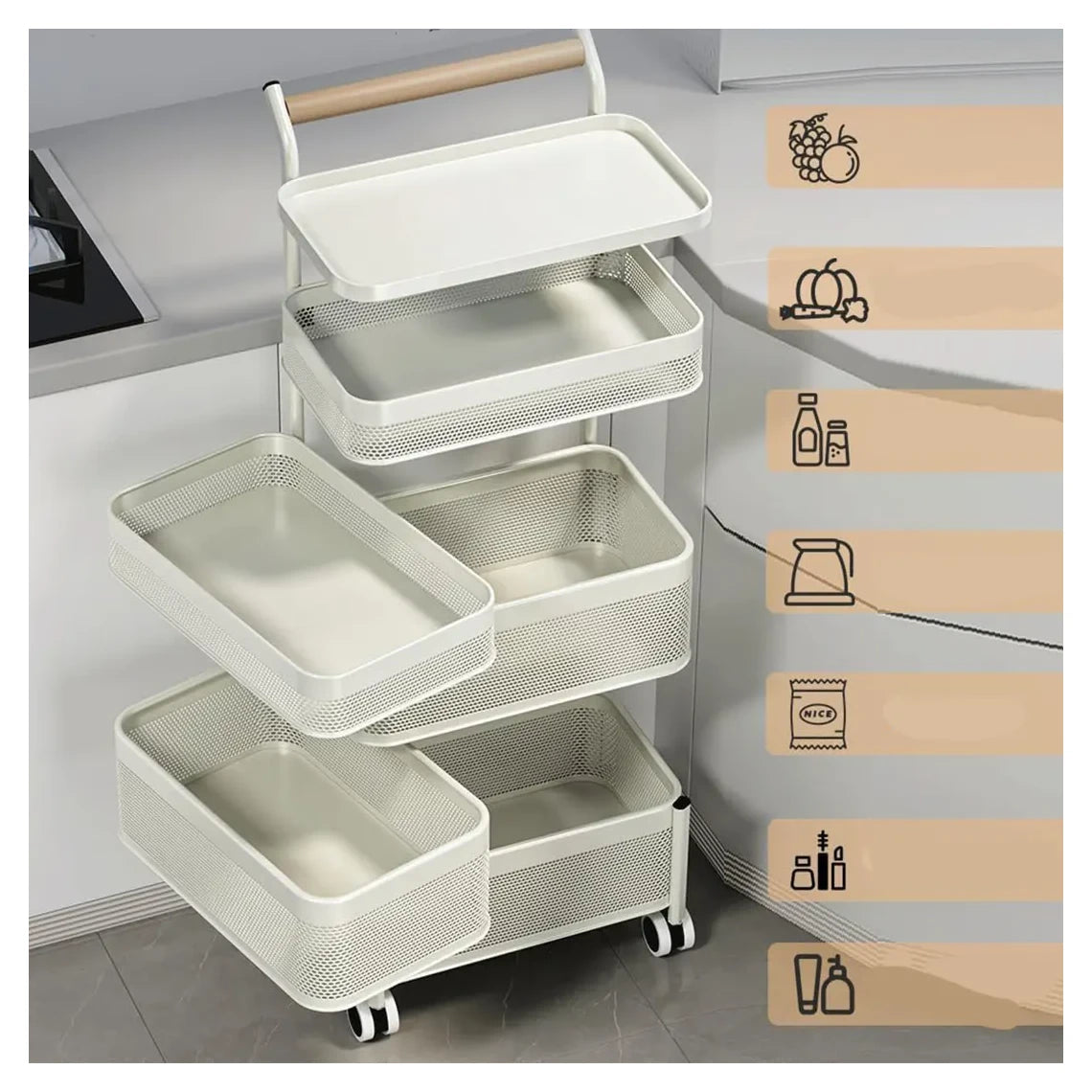 حافظ على مطبخك مرتبًا وأنيقًا مع سلة التخزين المعدنية ذات الخمس طبقات مع عجلات